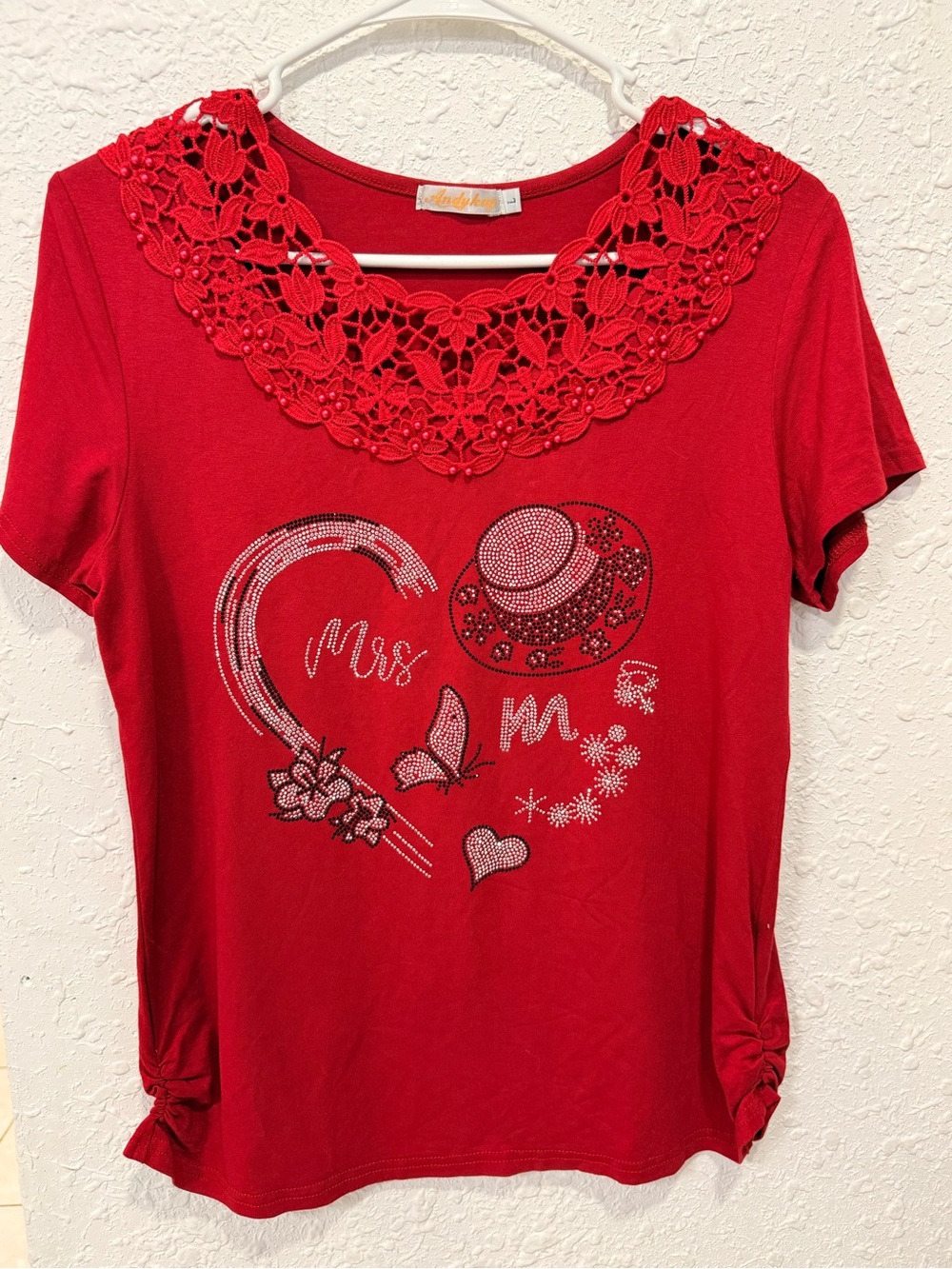 Red Embellished Crochet-Neck Women's Top